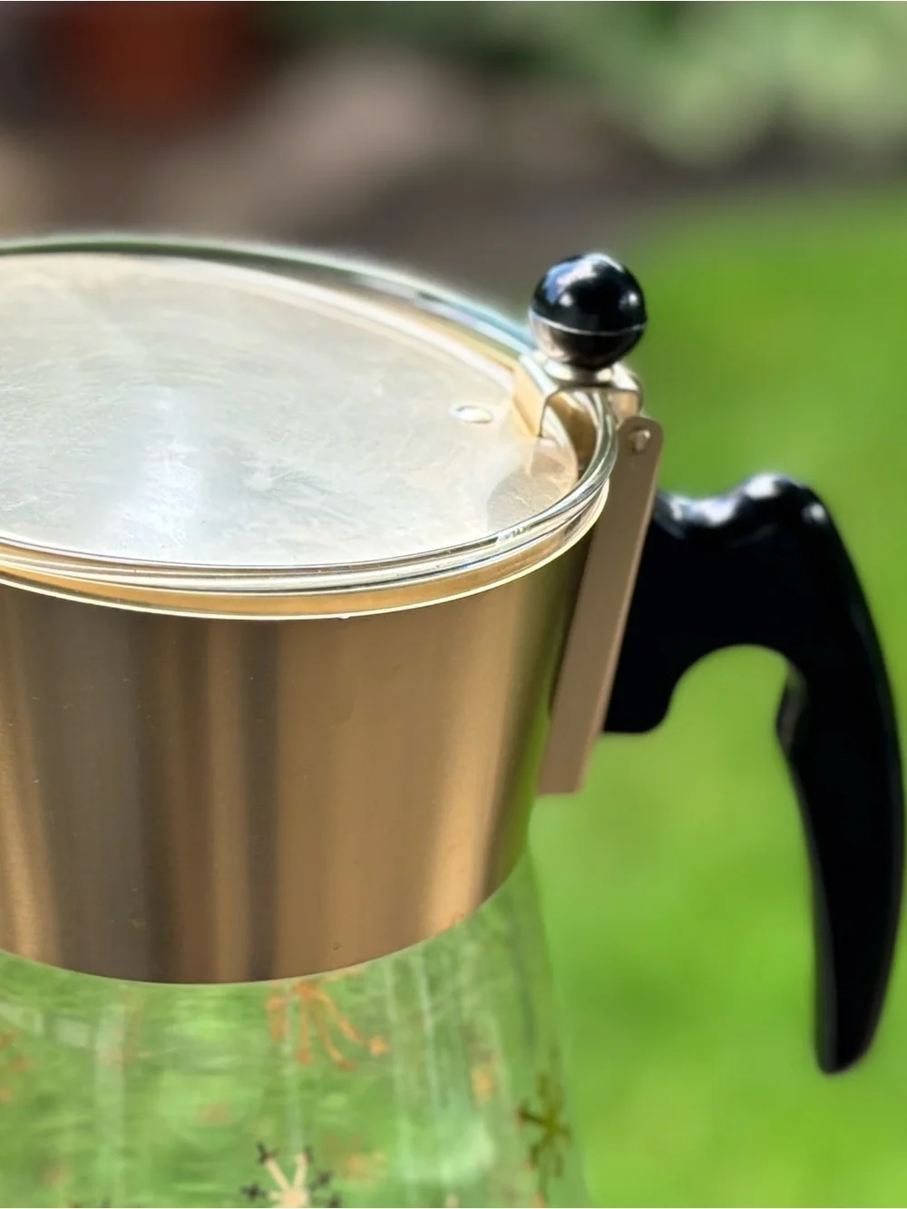 Vintage MCM Glass Pitcher Carafe Gold Atomic Snowflake Metal Lid Black Handle